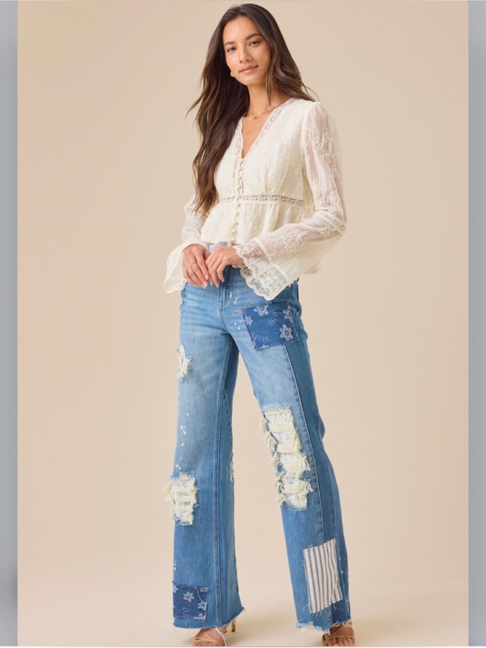 Altar’s state sz 24 Patchwork Distressed Wide-Leg Jeans - Light Blue
